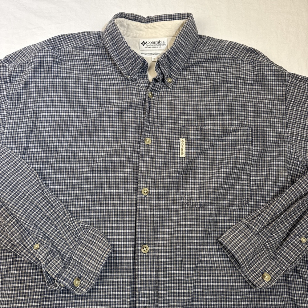 Vintage Columbia Men's XL GRAY PLAID Twill Button Up Long Sleeve Outdoor Casual